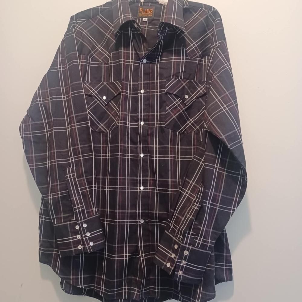 Vtg Plains Western Wear Pearl Snap Shirt‎ Long Sleeve Plaid XL Men's Black White